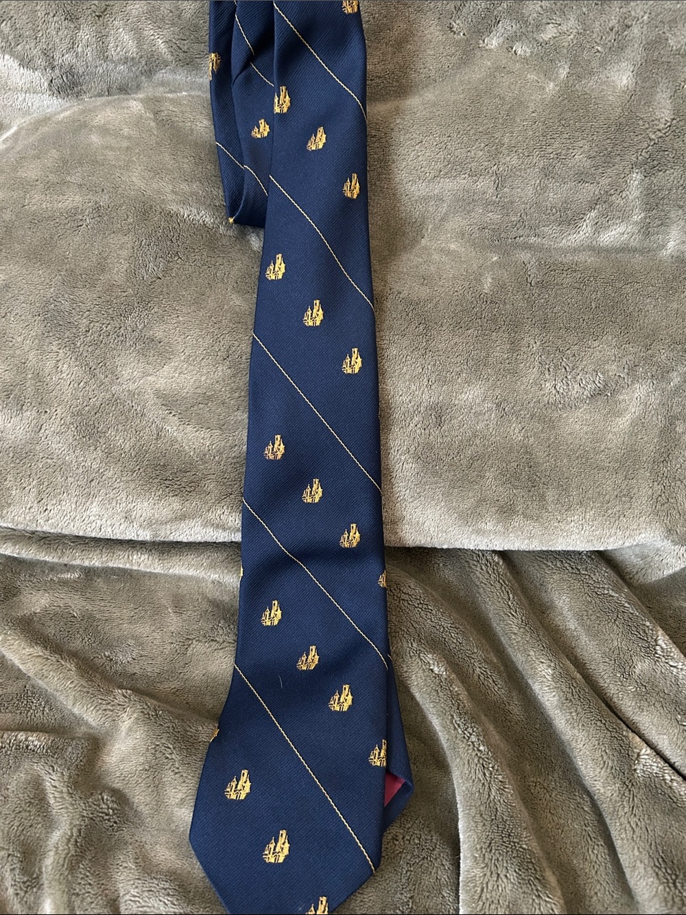 Vintage -Navy Blue Men's Patterned Silk Tie with Gold Crest Motif